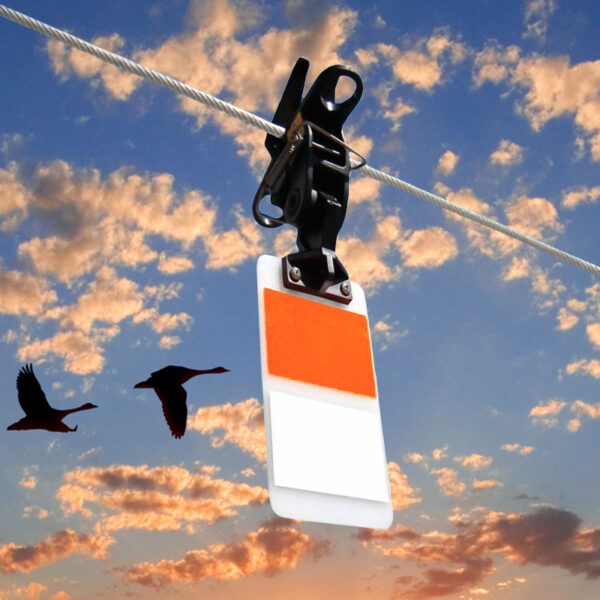 FireFly HW bird diverter shown on a power line with birds flying in the sky.