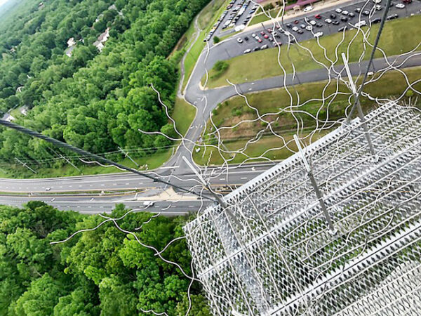 Aerial view of RaptorWire bird hazing device mounted to a utility tower.