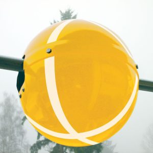 Yellow SpanGuard bird diverter shown mounted on a power line against a snowy background.