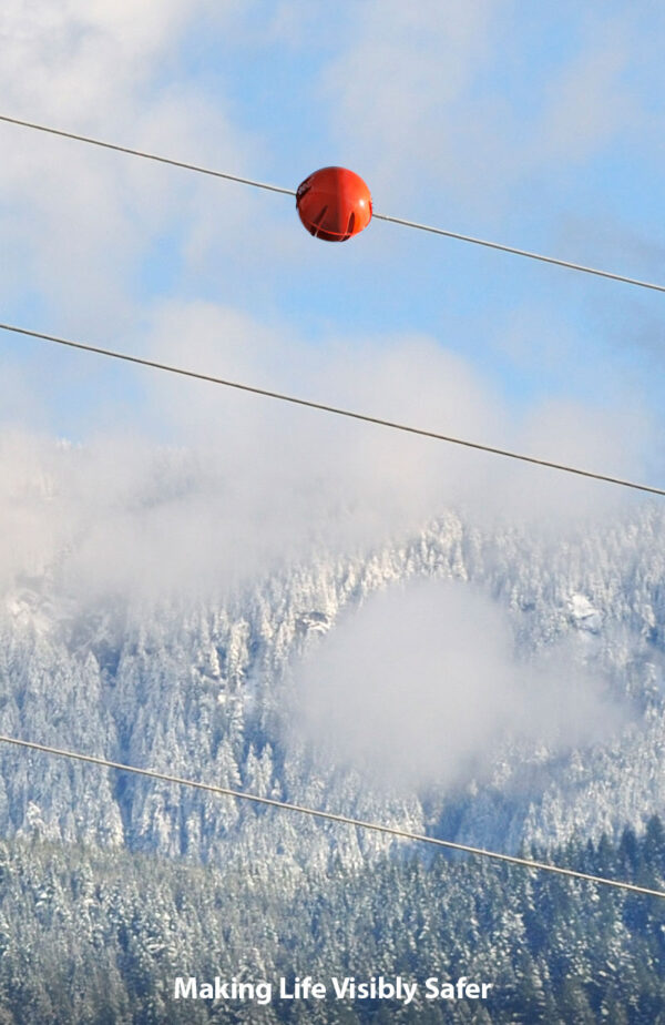 SpanGuard EHV power line marker shown on a power line with snow covered mountains in the background.