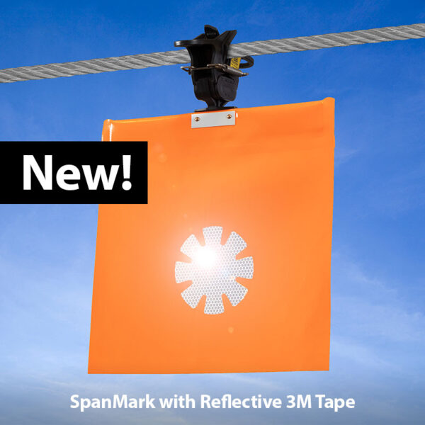 Orange SpanMark flag with reflective 3M tape shown mounted to a steel cable.