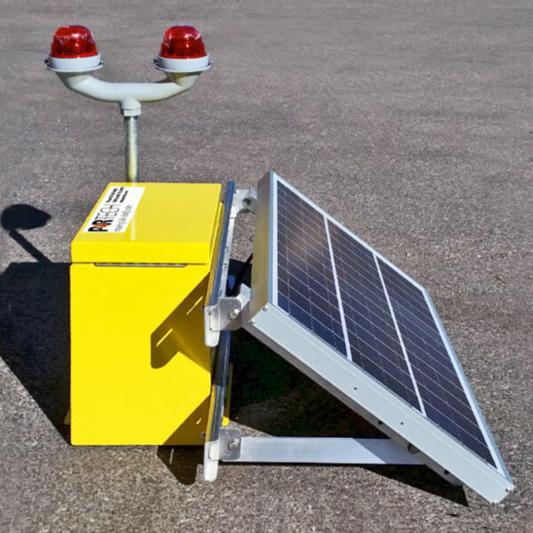 SunPOWR AIO obstruction light shown next to control box and solar panel.