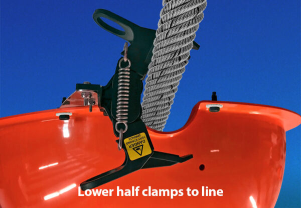 Photo showing a FastBall power line marker where the lower half clamps to the line.