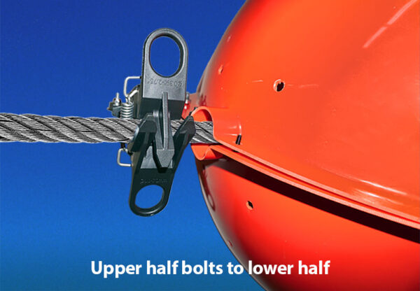 Photo showing a FastBall power line marker and how the upper half bolts to the lower half.