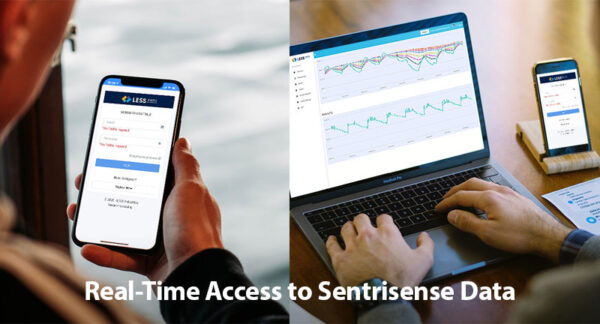 Photo showing a person accessing the Sentrisense web application on their computer and smart phone.