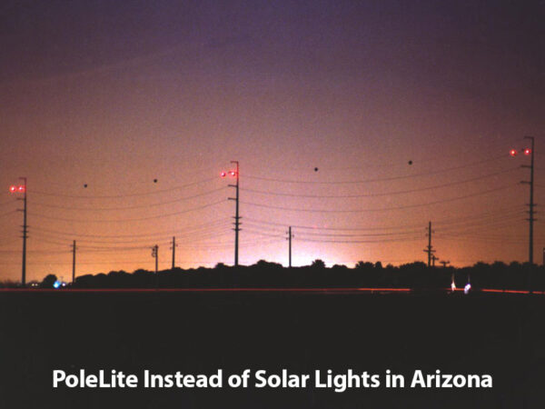 PoleLites installed on power lines at dusk in Arizona.