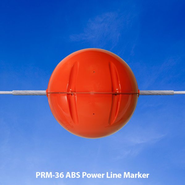 PRM-36 power line marker shown installed on a power line against a blue sky background.