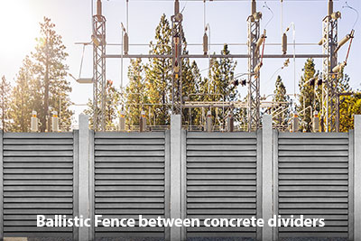 Substation with Ballistic Fence between concrete dividers