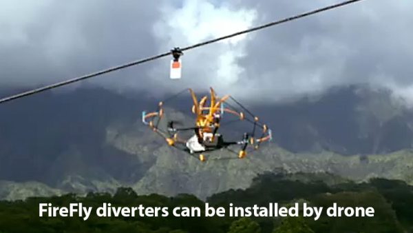 Photo showing a drone installing a FireFly Ultra bird diverter on a power line.