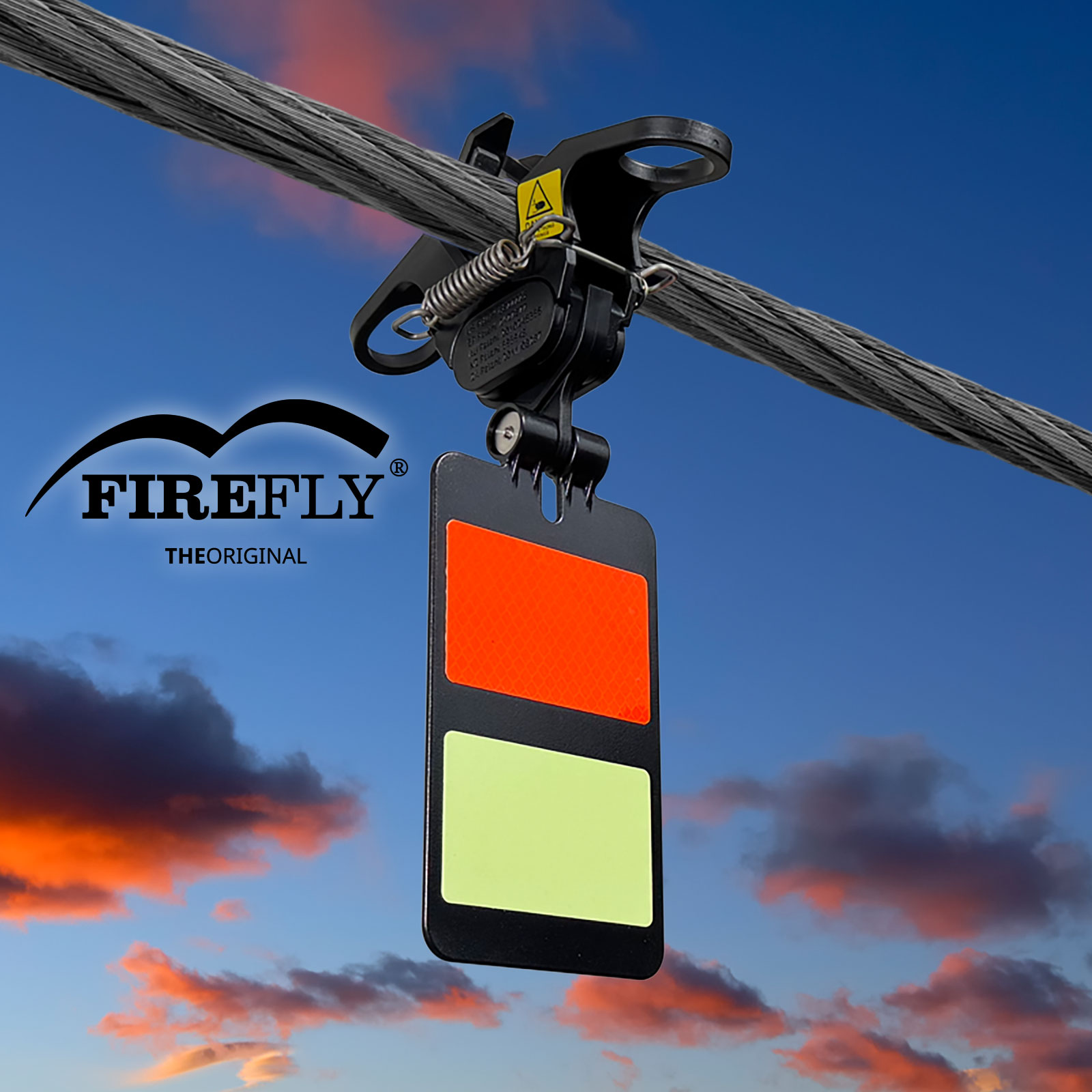 FireFly Ultra Bird Diverter shown mounted on a line with blue sky and clouds in the background.
